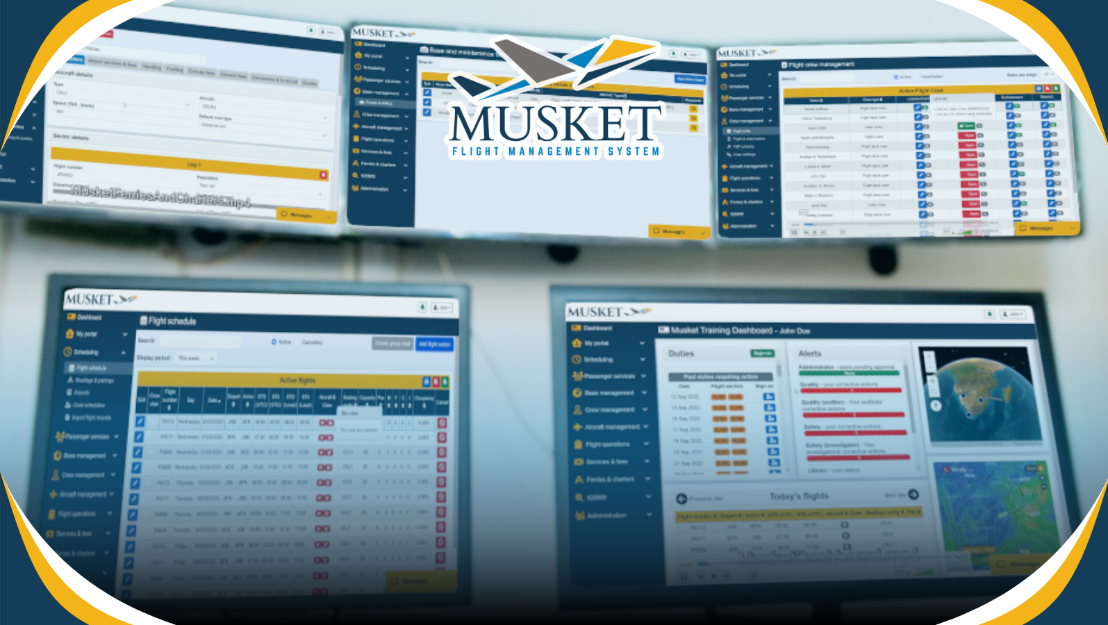 A series of computer screens displaying different Musket FMS features